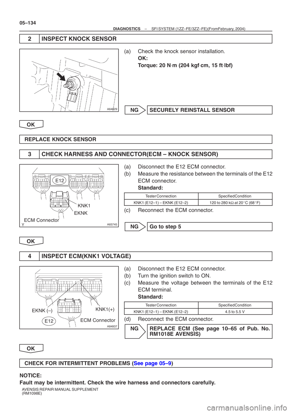 TOYOTA AVENSIS 2005  Service Repair Manual A64029
A65745
E12KNK1
EKNK
ECM Connector
A84937
ECM Connector KNK1(+)
EKNK (–)E12
05–134
–
DIAGNOSTICS SFI SYSTEM (1ZZ–FE/3ZZ–FE)(From  February, 2004)
AVENSIS REPAIR MANUAL SUPPLEMENT 
(RM1