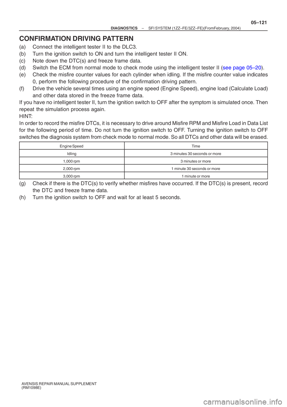 TOYOTA AVENSIS 2005  Service Repair Manual –
DIAGNOSTICS SFI SYSTEM (1ZZ–FE/3ZZ–FE)(From  February, 2004)
05–121
AVENSIS REPAIR MANUAL SUPPLEMENT 
(RM1098E)
CONFIRMATION DRIVING PATTERN
(a) Connect  the intelligent tester II to the DLC