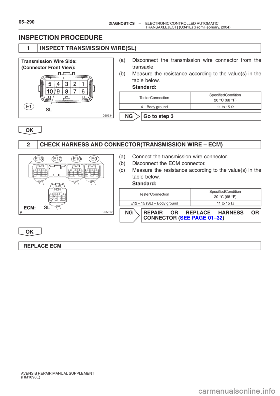 TOYOTA AVENSIS 2005  Service Repair Manual D25234
Transmission Wire Side: 
(Connector Front View):E1
SL
C95812ECM: E13
E12E10E9
SL
05–290–
DIAGNOSTICS ELECTRONIC CONTROLLED AUTOMATIC 
TRANSAXLE [ECT] (U341E) (From February, 2004)
AVENSIS R