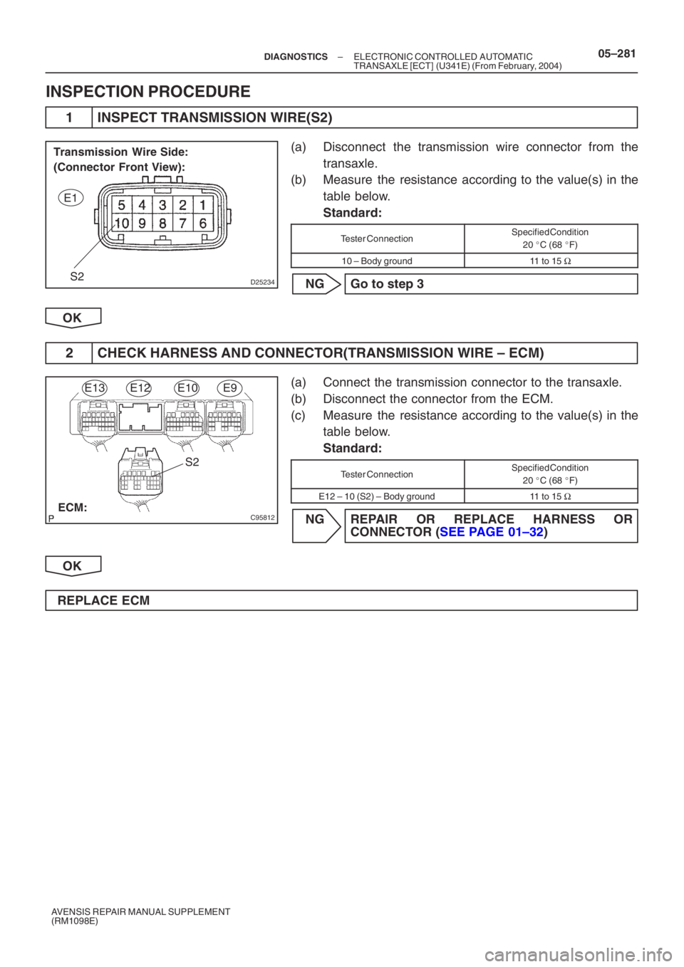 TOYOTA AVENSIS 2005  Service Repair Manual D25234S2
Transmission Wire Side: 
(Connector Front View):E1
C95812
S2
ECM: E13
E12E10E9
–
DIAGNOSTICS ELECTRONIC CONTROLLED AUTOMATIC 
TRANSAXLE [ECT] (U341E) (From February, 2004)05–281
AVENSIS R