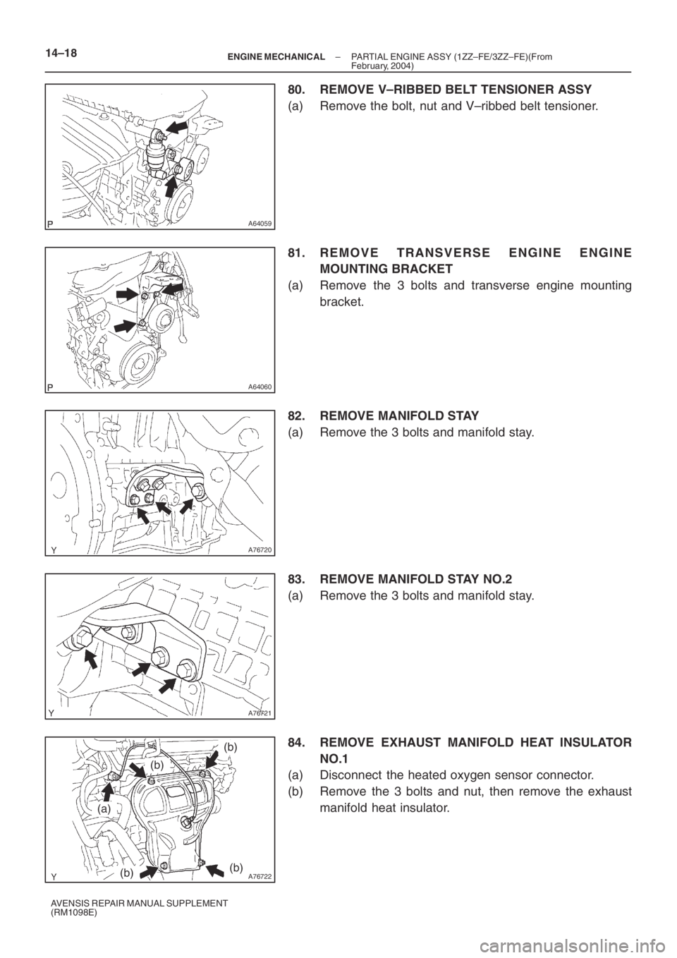 TOYOTA AVENSIS 2005  Service Repair Manual A64059
A64060
A76720
A76721
A76722
(a)
(b)
(b)
(b)(b) 14–18
– ENGINE MECHANICALPARTIAL ENGINE ASSY (1ZZ–FE/3ZZ–FE)(From
February, 2004)
AVENSIS REPAIR MANUAL SUPPLEMENT
(RM1098E)
80. REMOVE V