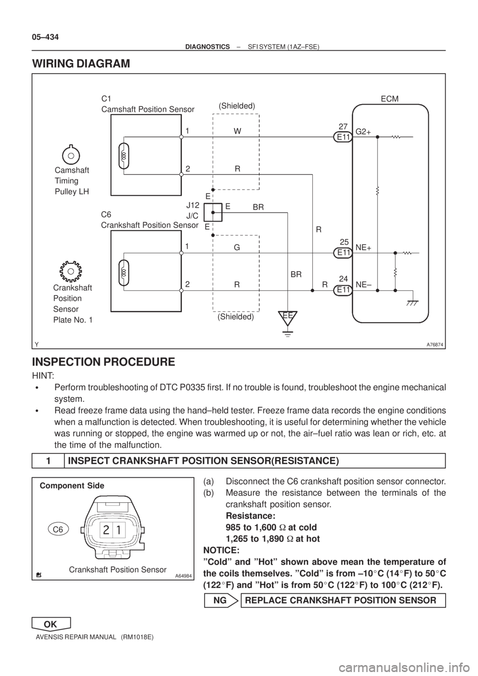 TOYOTA AVENSIS 2005  Service Repair Manual A76874
C1 
Camshaft Position Sensor
C6 
Crankshaft Position SensorR W
2 1
EE BR
G J12 
J/CE1127ECM
G2+
NE+
NE± (Shielded)
R
BRE11
E1125
24
2 1
(Shielded)E E
E
R R
Crankshaft 
Position 
Sensor 
Plate 