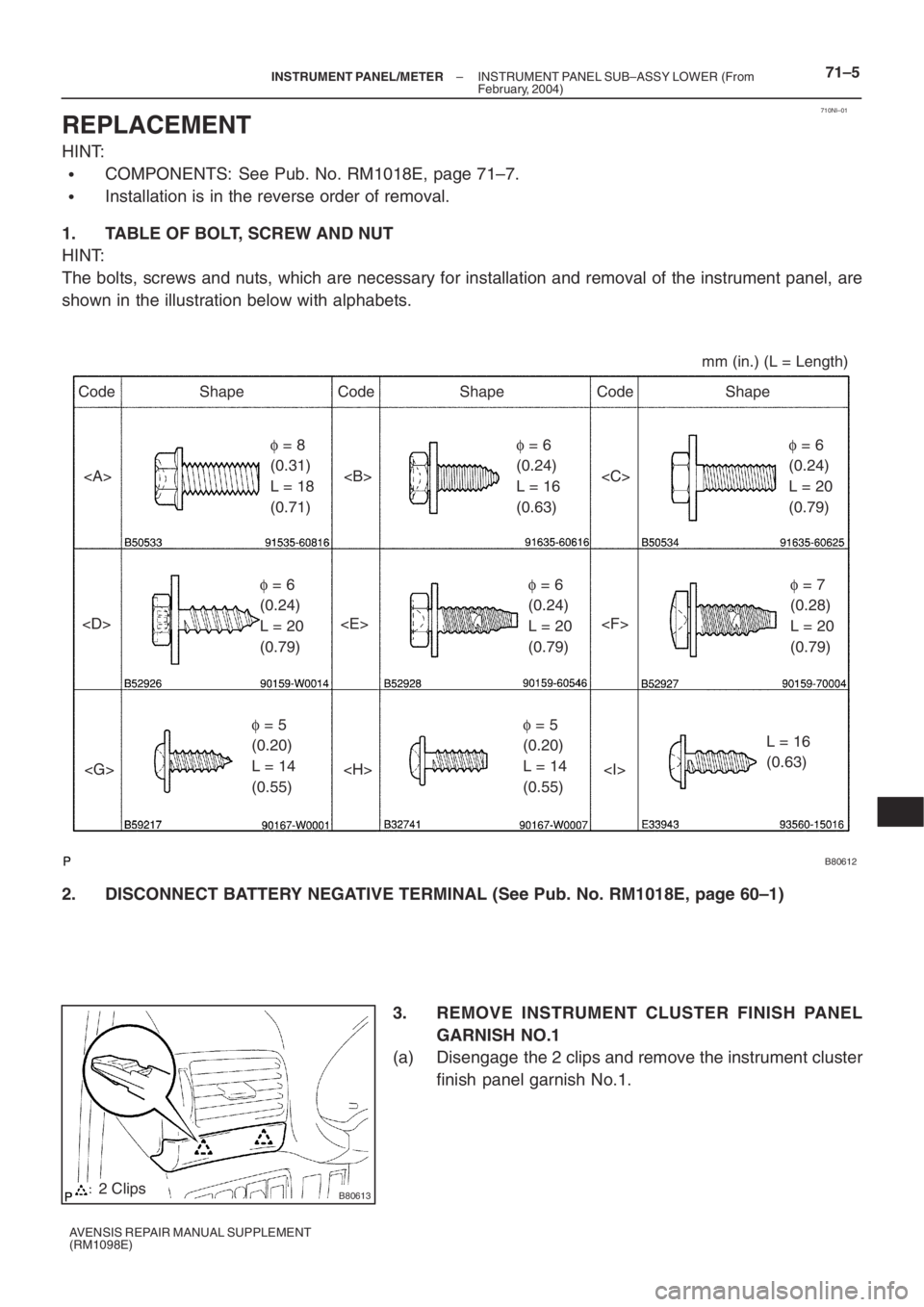 TOYOTA AVENSIS 2005  Service Repair Manual 710NI–01
B80612
Code Shape
<A>φ = 8
(0.31) 
L = 18
(0.71)Code Shape Code Shapemm (in.) (L = Length)
<B> <C>
<F> <E> <D>
<G> <H> <I>φ = 6
(0.24) 
L = 16
(0.63)φ = 6
(0.24) 
L = 20
(0.79)
φ = 6
(0
