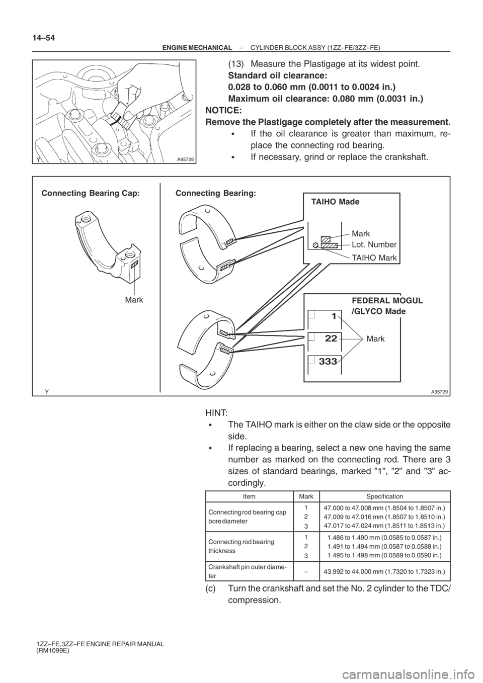 TOYOTA AVENSIS 2005  Service Repair Manual A95728
A95729
Connecting  Bearing Cap: Connecting  Bearing:
TAIHO Mark Lot. Number Mark
TAIHO Made
FEDERAL MOGUL 
/GLYCO Made
MarkMark
14–54
– ENGINE MECHANICALCYLINDER BLOCK ASSY (1ZZ–FE/3ZZ–