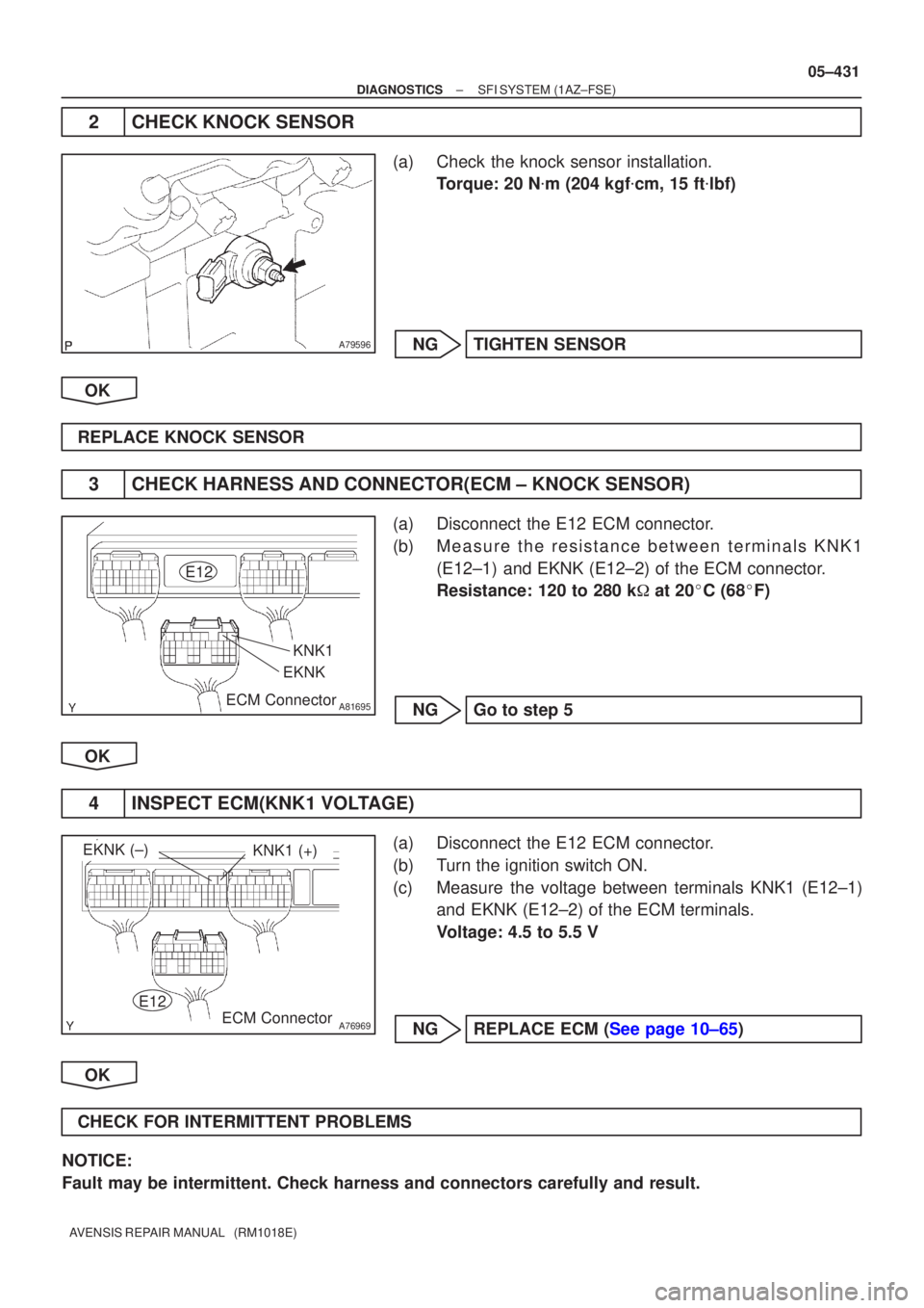 TOYOTA AVENSIS 2005  Service Repair Manual A79596
A81695
KNK1
E12
ECM Connector
EKNK
A76969
KNK1 (+)EKNK (±)
E12
ECM Connector
±
DIAGNOSTICS SFI SYSTEM(1AZ±FSE)
05±431
AVENSIS REPAIR MANUAL   (RM1018E)
2CHECK KNOCK SENSOR
(a)Check the knoc