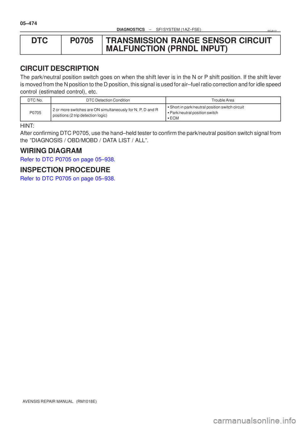 TOYOTA AVENSIS 2005  Service Repair Manual 05±474
±
DIAGNOSTICS SFI SYSTEM(1AZ±FSE)
AVENSIS REPAIR MANUAL   (RM1018E)
DTCP0705TRANSMISSION RANGE SENSOR CIRCUIT MALFUNCTION (PRNDL INPUT)
CIRCUIT DESCRIPTION
The park/neutral position switch g