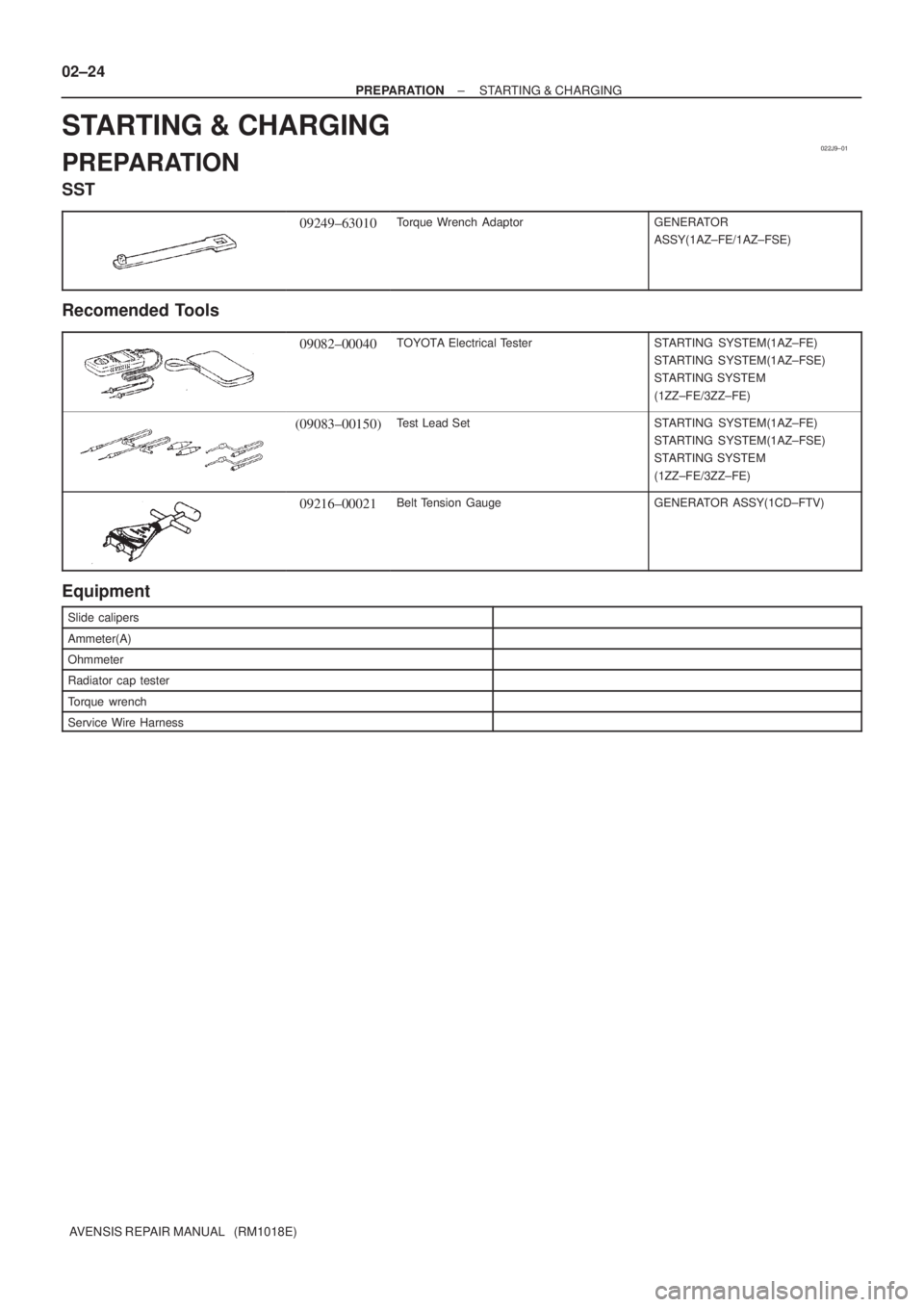 TOYOTA AVENSIS 2005 Service Workshop Manual 022J9±01
02±24
± PREPARATIONSTARTING & CHARGING
AVENSIS REPAIR MANUAL (RM1018E)
STARTING & CHARGING
PREPARATION
SST
09249±63010Torque Wrench AdaptorGENERATOR
ASSY(1AZ±FE/1AZ±FSE)
Recomended TOYOTA AVENSIS 2005 Service Workshop Manual 022J9±01
02±24
± PREPARATIONSTARTING & CHARGING
AVENSIS REPAIR MANUAL (RM1018E)
STARTING & CHARGING
PREPARATION
SST
09249±63010Torque Wrench AdaptorGENERATOR
ASSY(1AZ±FE/1AZ±FSE)
Recomended