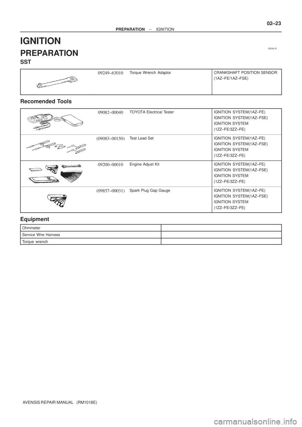 TOYOTA AVENSIS 2005 Service Workshop Manual 022J8±01
± PREPARATIONIGNITION
02±23
AVENSIS REPAIR MANUAL (RM1018E)
IGNITION
PREPARATION
SST
09249±63010Torque Wrench AdaptorCRANKSHAFT POSITION SENSOR
(1AZ±FE/1AZ±FSE)
Recomended Tools
0908 TOYOTA AVENSIS 2005 Service Workshop Manual 022J8±01
± PREPARATIONIGNITION
02±23
AVENSIS REPAIR MANUAL (RM1018E)
IGNITION
PREPARATION
SST
09249±63010Torque Wrench AdaptorCRANKSHAFT POSITION SENSOR
(1AZ±FE/1AZ±FSE)
Recomended Tools
0908