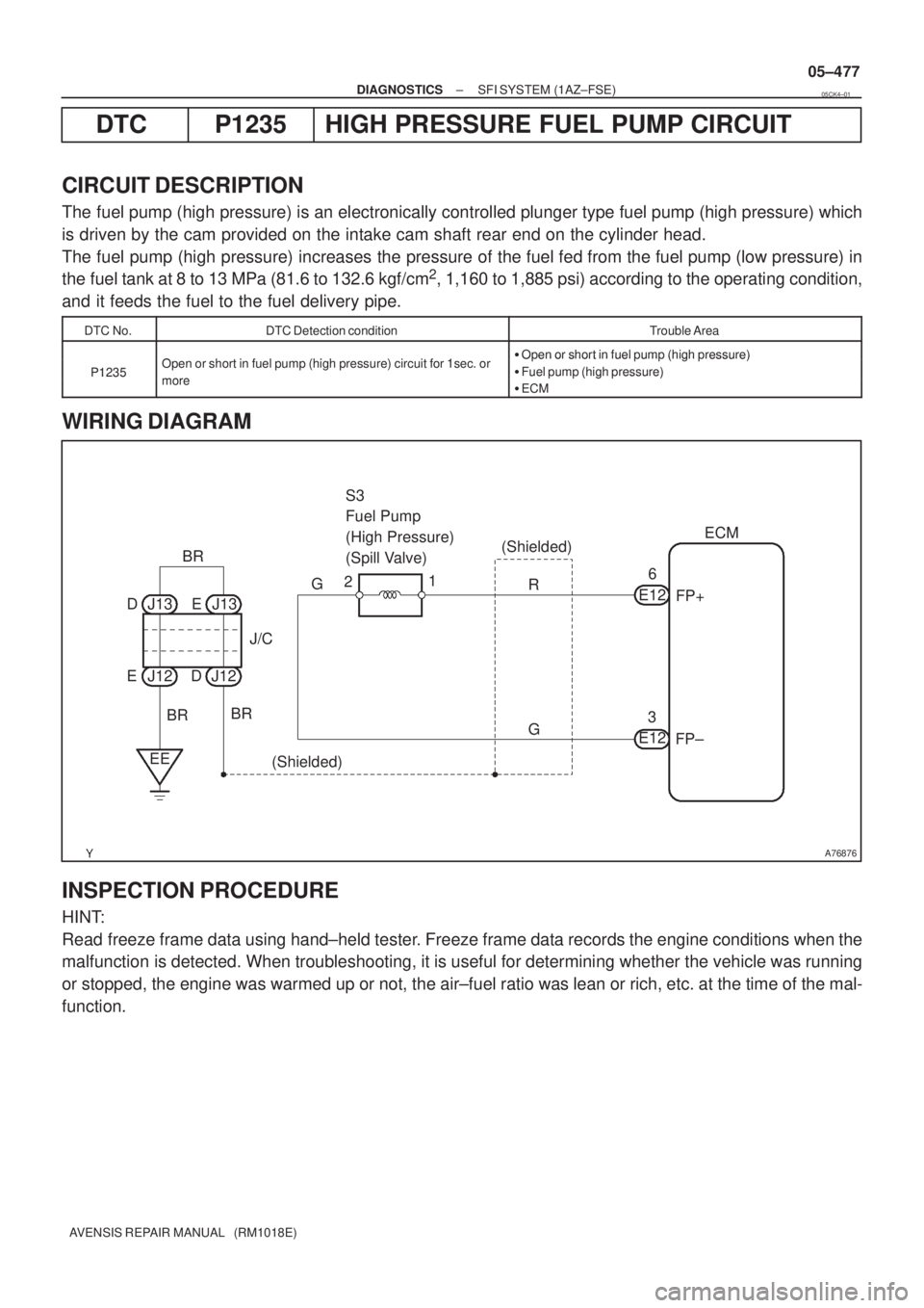 TOYOTA AVENSIS 2005 Service Repair Manual A76876
ECM
J13G
FP+ 6
R
E12
D(Shielded)
J13 E
J12 E J12D
BRBR
EEJ/C21 S3
Fuel Pump
(High Pressure)
(Spill Valve)
G
FP± 3
E12
(Shielded) BR
± DIAGNOSTICSSFI SYSTEM (1AZ±FSE)
05±477
AVENSIS REPAIR TOYOTA AVENSIS 2005 Service Repair Manual A76876
ECM
J13G
FP+ 6
R
E12
D(Shielded)
J13 E
J12 E J12D
BRBR
EEJ/C21 S3
Fuel Pump
(High Pressure)
(Spill Valve)
G
FP± 3
E12
(Shielded) BR
± DIAGNOSTICSSFI SYSTEM (1AZ±FSE)
05±477
AVENSIS REPAIR