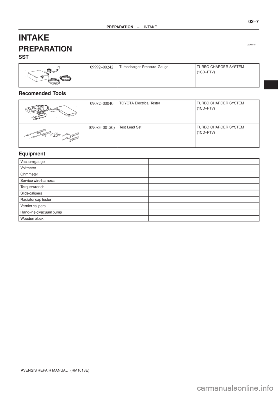 TOYOTA AVENSIS 2005  Service Manual PDF 022KR±01
± PREPARATIONINTAKE
02±7
AVENSIS REPAIR MANUAL   (RM1018E)
INTAKE
PREPARATION
SST
09992±00242Turbocharger Pressure GaugeTURBO CHARGER SYSTEM
(1CD±FTV)
Recomended Tools
09082±00040TOYOTA