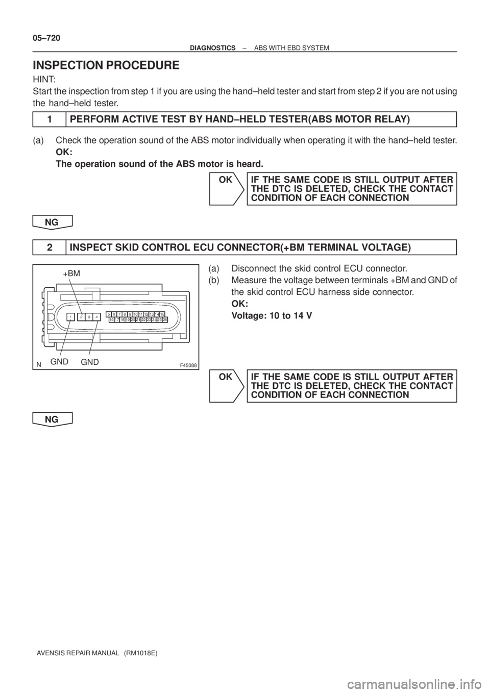 TOYOTA AVENSIS 2005  Service Repair Manual F45088GNDGND
+BM
05±720
± DIAGNOSTICSABS WITH EBD SYSTEM
AVENSIS REPAIR MANUAL   (RM1018E)
INSPECTION PROCEDURE
HINT:
Start the inspection from step 1 if you are using the hand±held tester and star
