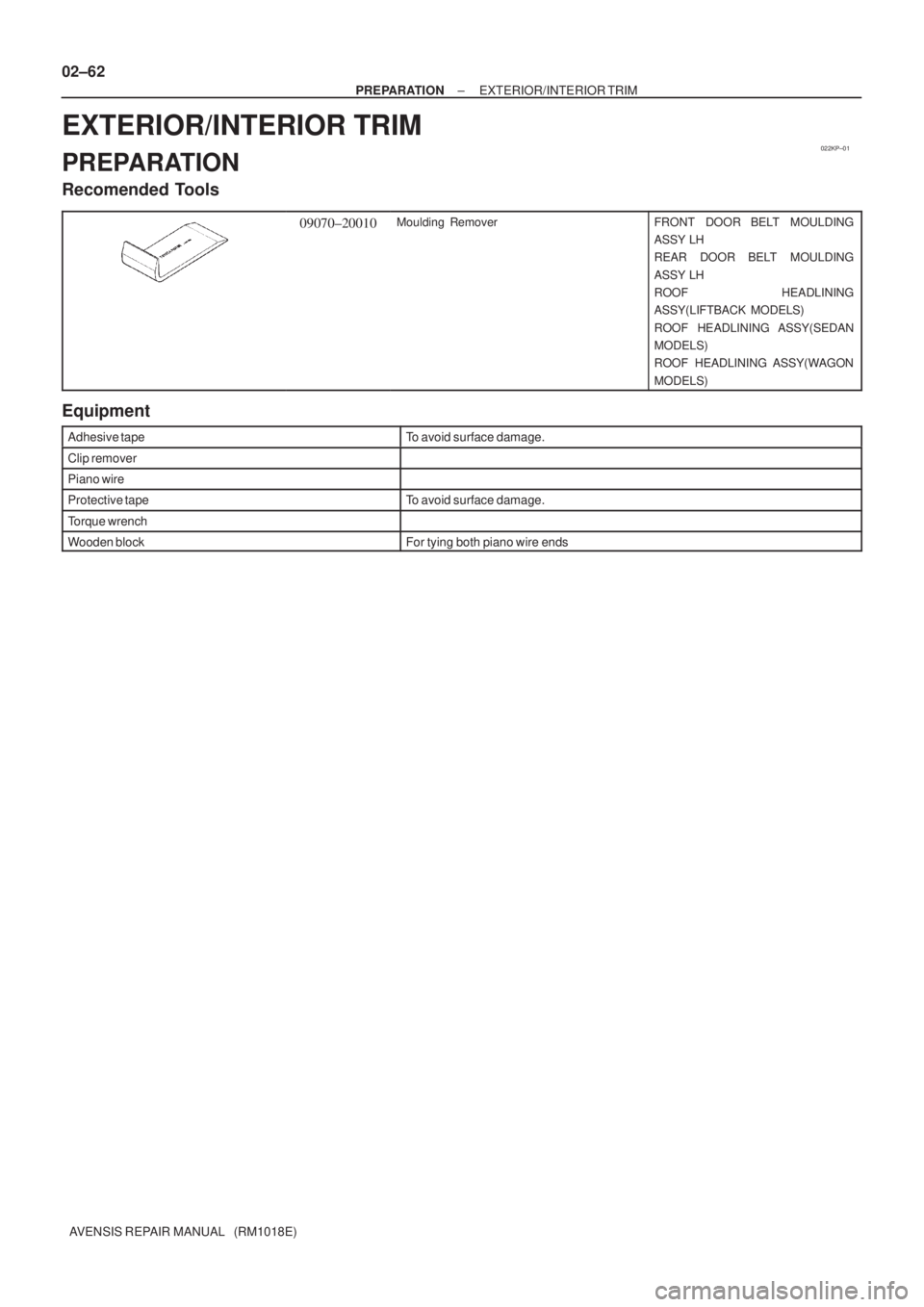 TOYOTA AVENSIS 2005  Service Repair Manual 022KP±01
02±62
± PREPARATIONEXTERIOR/INTERIOR TRIM
AVENSIS REPAIR MANUAL   (RM1018E)
EXTERIOR/INTERIOR TRIM
PREPARATION
Recomended Tools
09070±20010Moulding  RemoverFRONT  DOOR BELT  MOULDING
ASSY