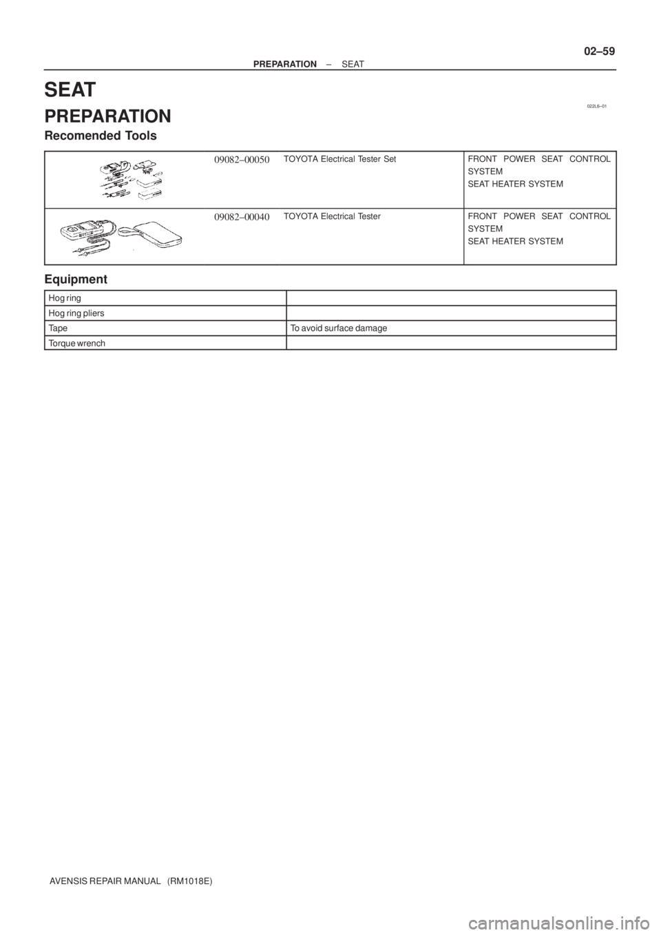 TOYOTA AVENSIS 2005  Service Manual Online 022L6±01
± PREPARATIONSEAT
02±59
AVENSIS REPAIR MANUAL   (RM1018E)
SEAT
PREPARATION
Recomended Tools
09082±00050TOYOTA Electrical Tester SetFRONT  POWER SEAT  CONTROL
SYSTEM
SEAT HEATER SYSTEM
090