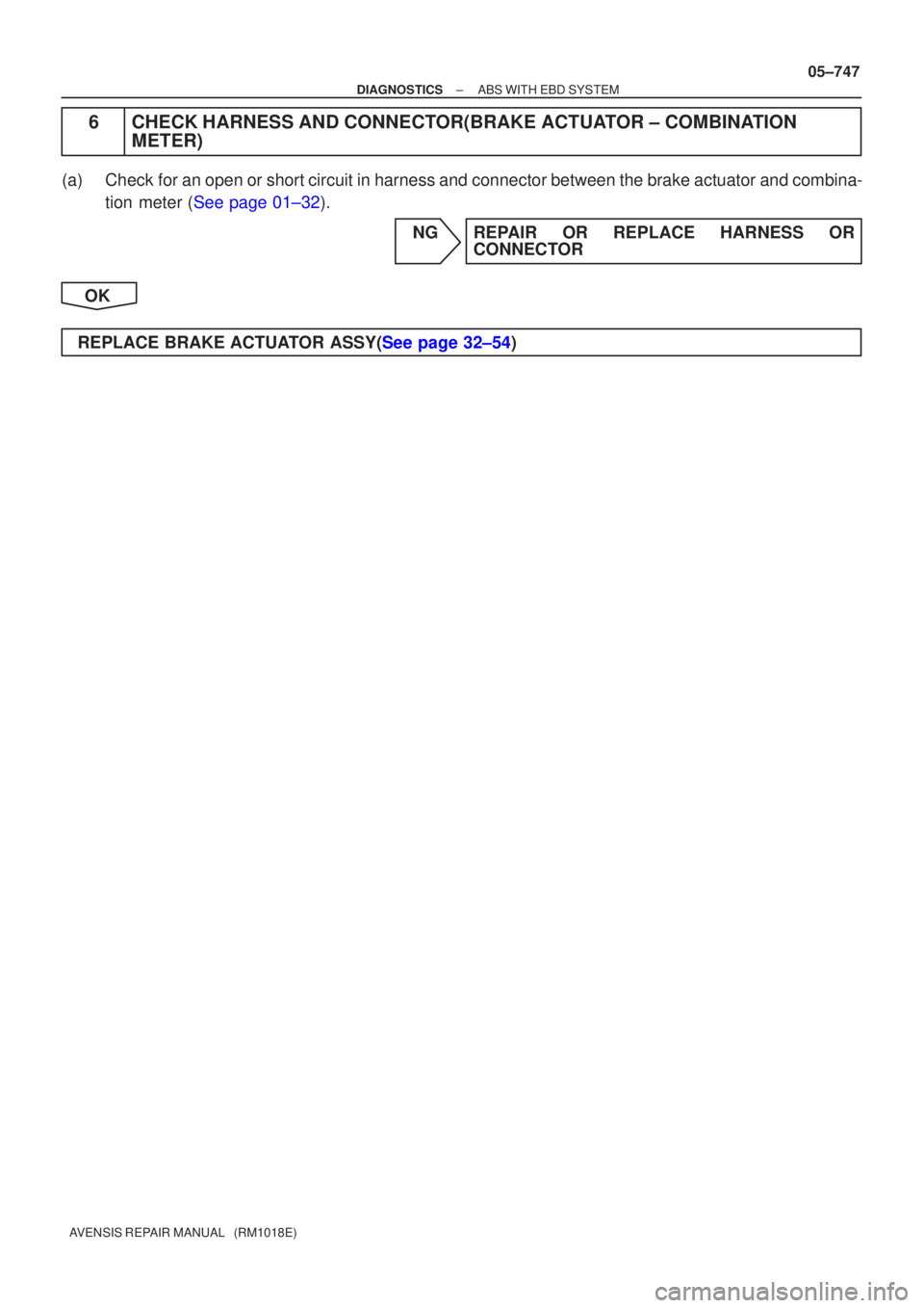 TOYOTA AVENSIS 2005  Service Repair Manual ±
DIAGNOSTICS ABS WITH EBD SYSTEM
05±747
AVENSIS REPAIR MANUAL   (RM1018E)
6 CHECK HARNESS AND CONNECTOR(BRAKE ACTUATOR ± COMBINATION
METER)
(a) Check for an open or short circuit in harness and co