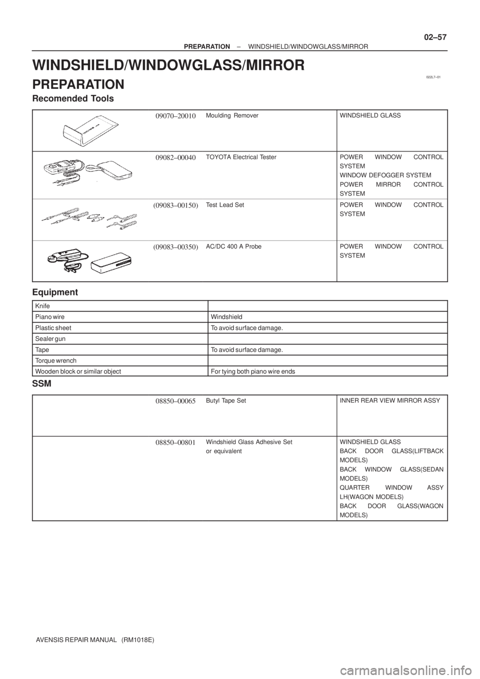 TOYOTA AVENSIS 2005 Service Repair Manual 022L7±01
± PREPARATIONWINDSHIELD/WINDOWGLASS/MIRROR
02±57
AVENSIS REPAIR MANUAL (RM1018E)
WINDSHIELD/WINDOWGLASS/MIRROR
PREPARATION
Recomended Tools
09070±20010Moulding RemoverWINDSHIELD GLASS
TOYOTA AVENSIS 2005 Service Repair Manual 022L7±01
± PREPARATIONWINDSHIELD/WINDOWGLASS/MIRROR
02±57
AVENSIS REPAIR MANUAL (RM1018E)
WINDSHIELD/WINDOWGLASS/MIRROR
PREPARATION
Recomended Tools
09070±20010Moulding RemoverWINDSHIELD GLASS