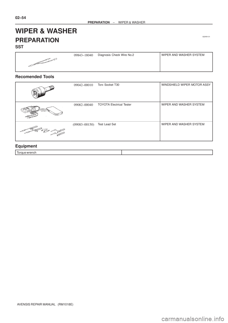 TOYOTA AVENSIS 2005  Service Manual Online 022KW±01
02±54
± PREPARATIONWIPER & WASHER
AVENSIS REPAIR MANUAL   (RM1018E)
WIPER & WASHER
PREPARATION
SST
09843±18040Diagnosis  Check Wire No.2WIPER AND WASHER SYSTEM
Recomended Tools
09042±000