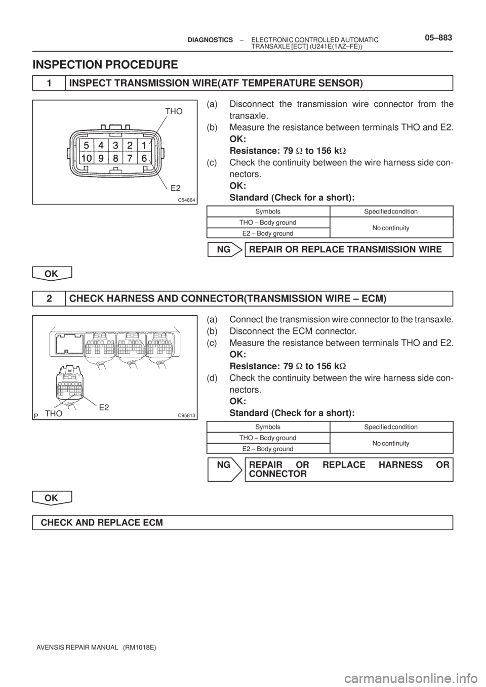 TOYOTA AVENSIS 2005  Service Owners Manual C54864
THO
E2
C95813THOE2
± DIAGNOSTICSELECTRONIC CONTROLLED AUTOMATIC
TRANSAXLE [ECT] (U241E(1AZ±FE))05±883
AVENSIS REPAIR MANUAL   (RM1018E)
INSPECTION PROCEDURE
1 INSPECT TRANSMISSION WIRE(ATF T