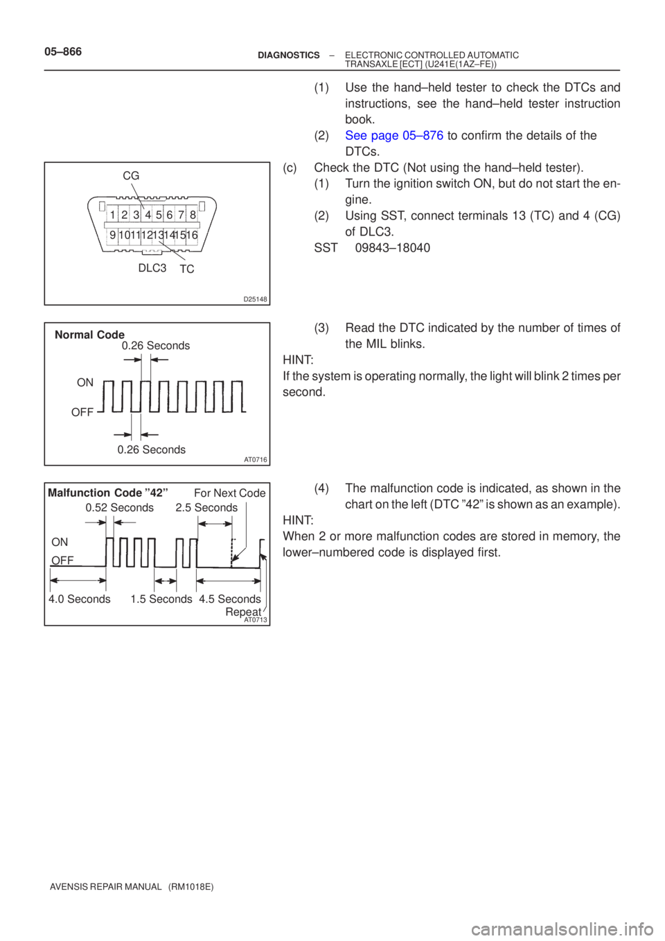 TOYOTA AVENSIS 2005  Service Repair Manual D25148
CGTC
DLC3
123457
68
91011121315 1416
AT0716
ON
OFF
0.26 Seconds
Normal Code0.26 Seconds
AT0713
0.52 Seconds
ON
OFF
For Next Code
Repeat
2.5 Seconds
4.0 Seconds1.5 Seconds4.5 Seconds
Malfunction
