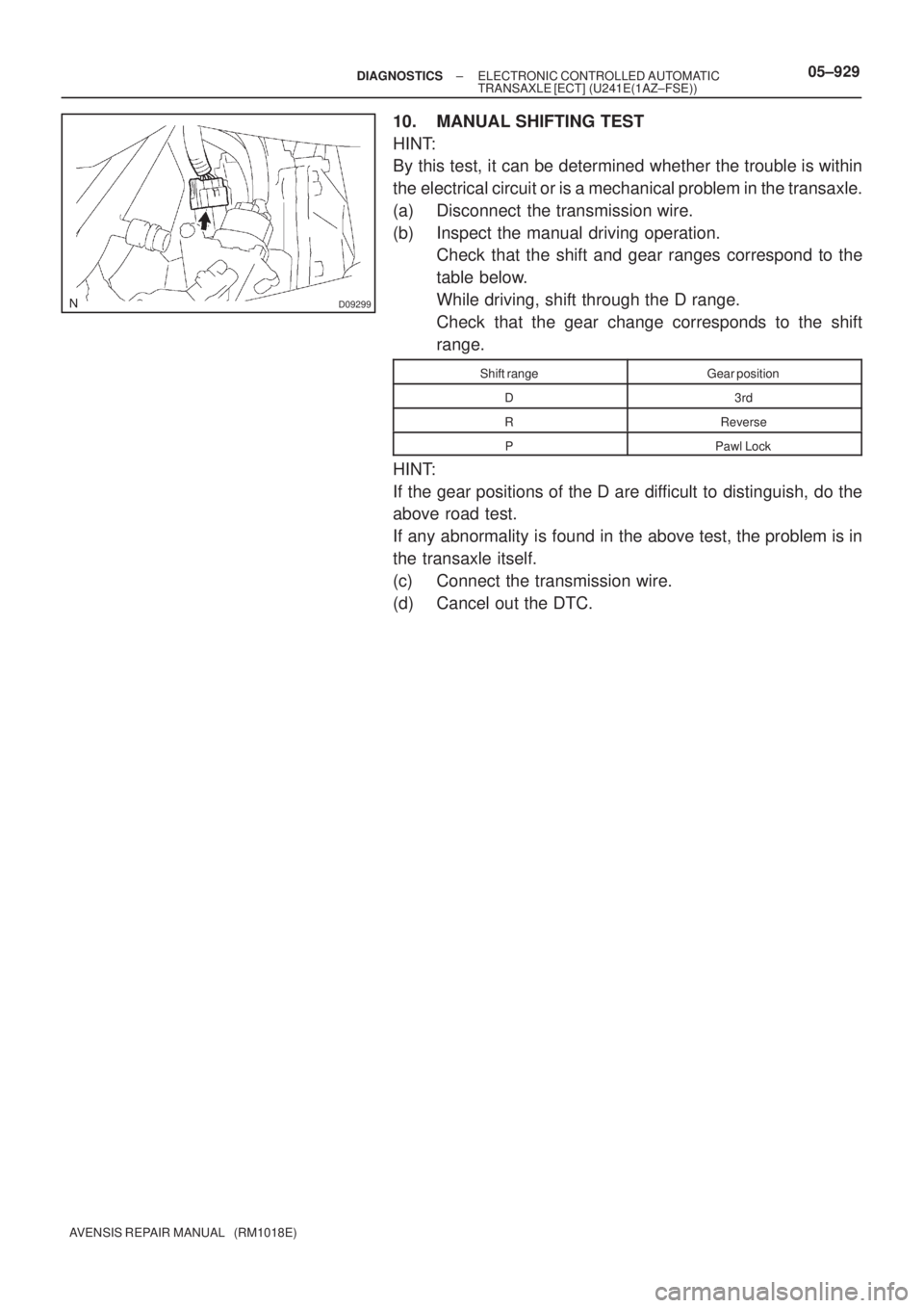 TOYOTA AVENSIS 2005  Service Owners Manual D09299
± DIAGNOSTICSELECTRONIC CONTROLLED AUTOMATIC
TRANSAXLE [ECT] (U241E(1AZ±FSE))05±929
AVENSIS REPAIR MANUAL   (RM1018E)
10. MANUAL SHIFTING TEST
HINT:
By this test, it can be determined whethe