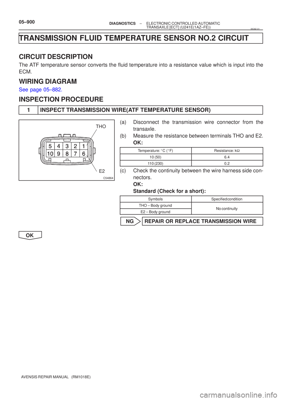 TOYOTA AVENSIS 2005  Service Repair Manual C54864
THOE2
05±900±
DIAGNOSTICS ELECTRONIC CONTROLLED AUTOMATIC
TRANSAXLE [ECT](U241E(1AZ±FE))
AVENSIS REPAIR MANUAL   (RM1018E)
TRANSMISSION FLUID TEMPERATURE SENSOR NO.2 CIRCUIT
CIRCUIT DESCRIPT