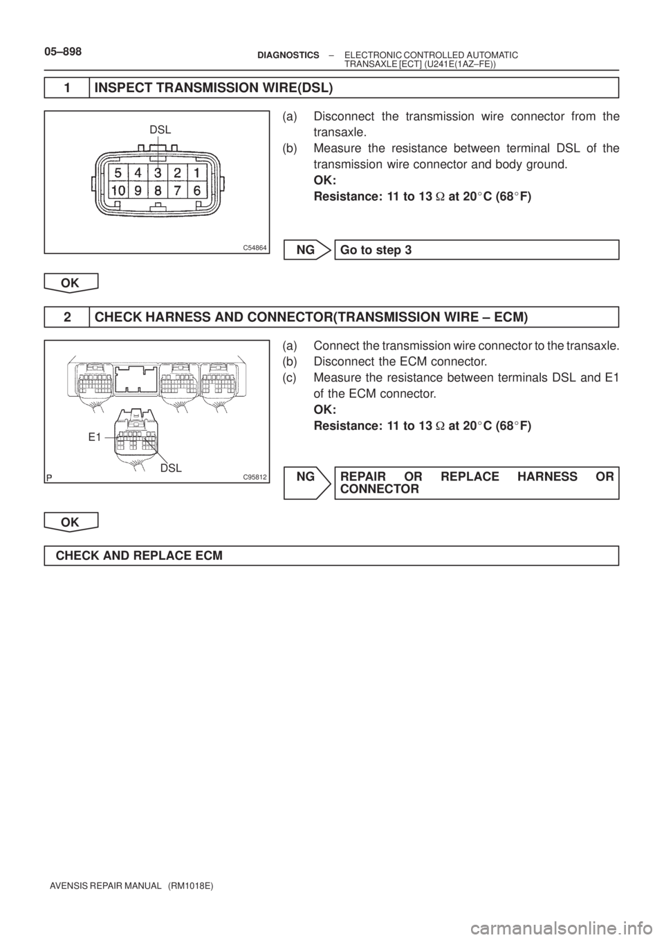 TOYOTA AVENSIS 2005  Service Repair Manual C54864
DSL
C95812DSL E1
05±898± DIAGNOSTICSELECTRONIC CONTROLLED AUTOMATIC
TRANSAXLE [ECT] (U241E(1AZ±FE))
AVENSIS REPAIR MANUAL   (RM1018E)
1 INSPECT TRANSMISSION WIRE(DSL)
(a) Disconnect  the tra