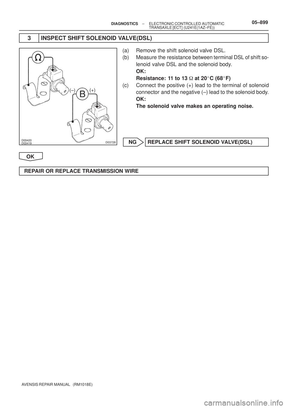 TOYOTA AVENSIS 2005  Service Repair Manual D03728
(+)
(±)
± DIAGNOSTICSELECTRONIC CONTROLLED AUTOMATIC
TRANSAXLE [ECT] (U241E(1AZ±FE))05±899
AVENSIS REPAIR MANUAL   (RM1018E)
3 INSPECT SHIFT SOLENOID VALVE(DSL)
(a) Remove the s
