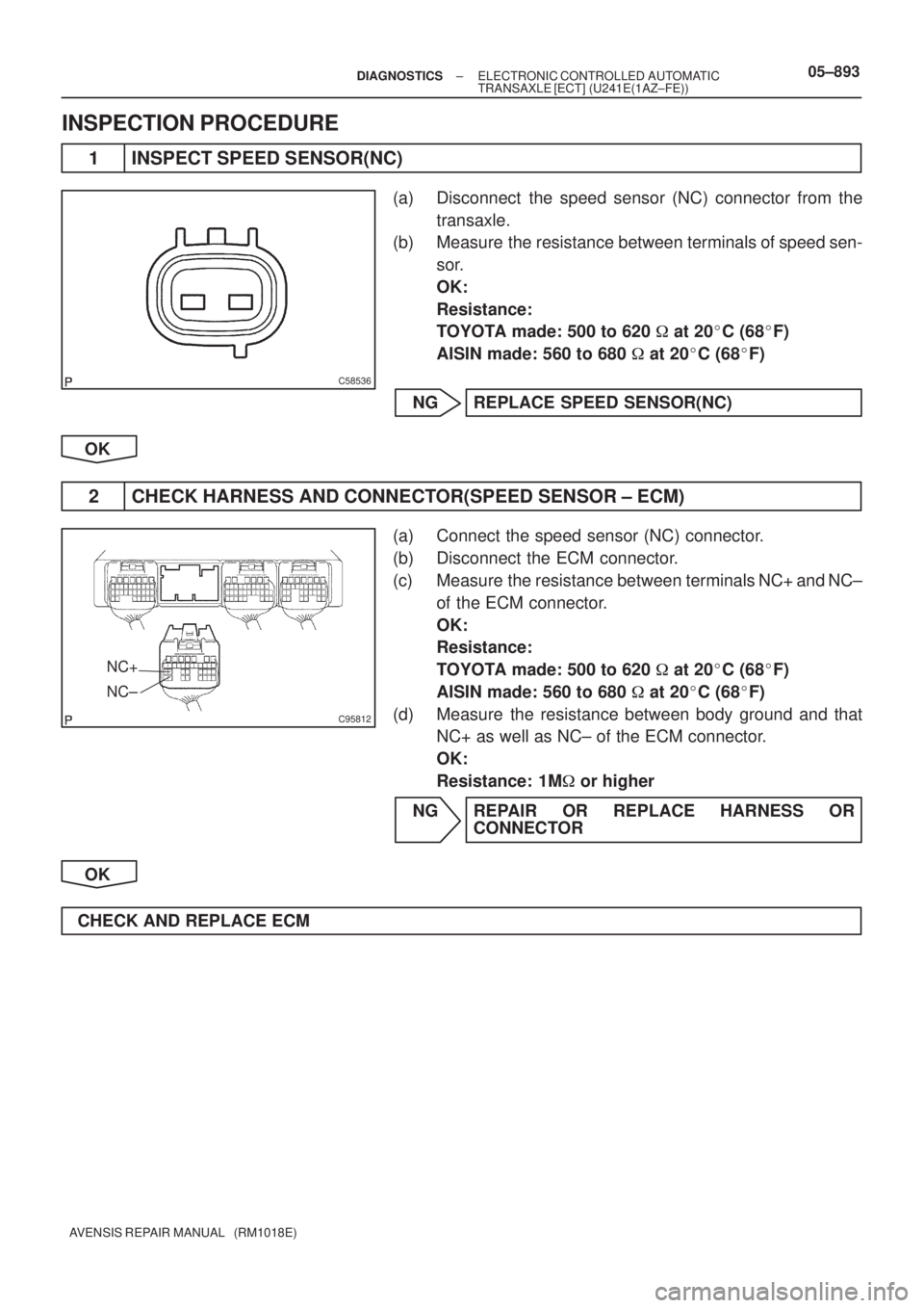 TOYOTA AVENSIS 2005  Service Repair Manual C58536
C95812
NC+
NC±
3
± DIAGNOSTICSELECTRONIC CONTROLLED AUTOMATIC
TRANSAXLE [ECT] (U241E(1AZ±FE))05±893
AVENSIS REPAIR MANUAL   (RM1018E)
INSPECTION PROCEDURE
1 INSPECT SPEED SENSOR(NC)
(a) Dis
