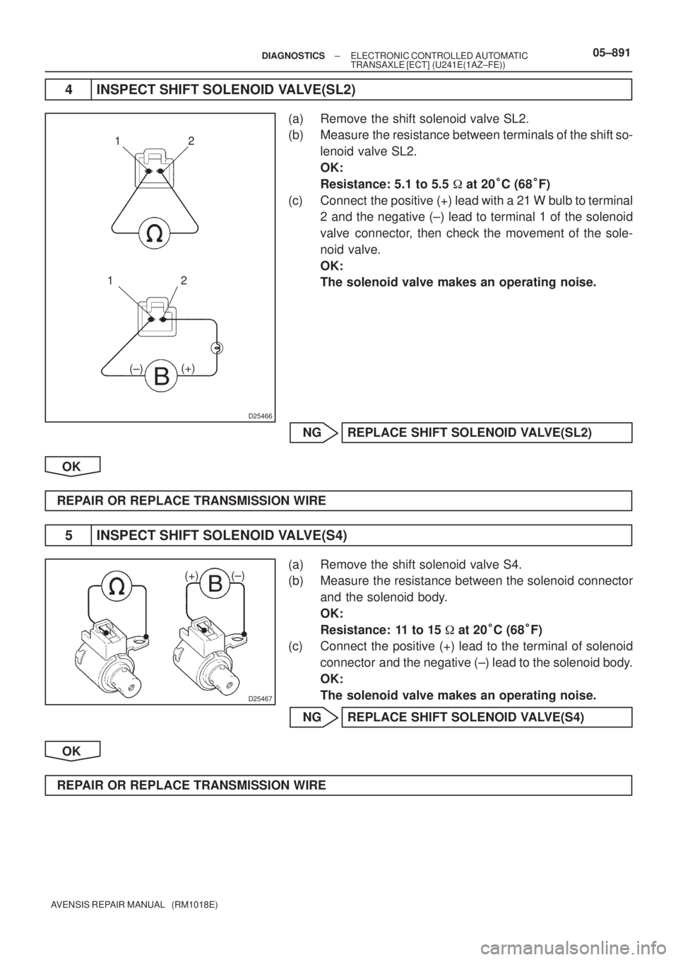 TOYOTA AVENSIS 2005  Service Repair Manual D25466
12
12
(+)
(±)
D25467
(+) (±)
± DIAGNOSTICSELECTRONIC CONTROLLED AUTOMATIC
TRANSAXLE [ECT] (U241E(1AZ±FE))05±891
AVENSIS REPAIR MANUAL   (RM1018E)
4 INSPECT SHIFT SOLENOID VALVE(SL2)
(a) Re