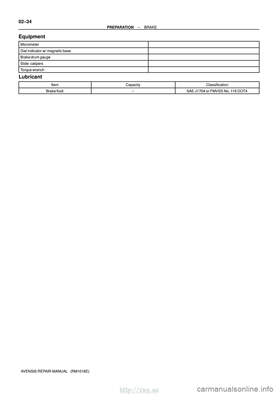 TOYOTA AVENSIS 2003 Service Repair Manual 02±34
±
PREPARATION BRAKE
AVENSIS REPAIR MANUAL (RM1018E)
Equipment
Micrometer
Dial indicator w/ magnetic base
Brake drum gauge
Slide calipers
Torque wrench
Lubricant
ItemCapacityClassification
B TOYOTA AVENSIS 2003 Service Repair Manual 02±34
±
PREPARATION BRAKE
AVENSIS REPAIR MANUAL (RM1018E)
Equipment
Micrometer
Dial indicator w/ magnetic base
Brake drum gauge
Slide calipers
Torque wrench
Lubricant
ItemCapacityClassification
B