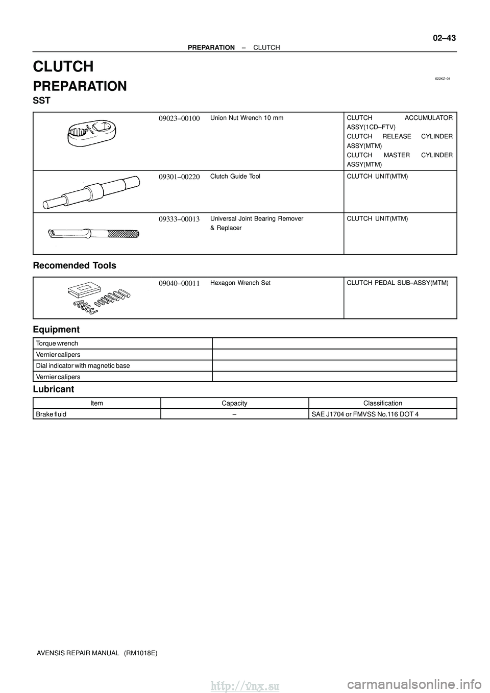 TOYOTA AVENSIS 2003 Service Repair Manual 022KZ±01
±
PREPARATION CLUTCH
02±43
AVENSIS REPAIR MANUAL (RM1018E)
CLUTCH
PREPARATION
SST
09023±00100Union Nut Wrench 10 mmCLUTCH ACCUMULATOR
ASSY(1CD±FTV)
CLUTCH RELEASE CYLINDER
ASSY(MTM)
CL TOYOTA AVENSIS 2003 Service Repair Manual 022KZ±01
±
PREPARATION CLUTCH
02±43
AVENSIS REPAIR MANUAL (RM1018E)
CLUTCH
PREPARATION
SST
09023±00100Union Nut Wrench 10 mmCLUTCH ACCUMULATOR
ASSY(1CD±FTV)
CLUTCH RELEASE CYLINDER
ASSY(MTM)
CL