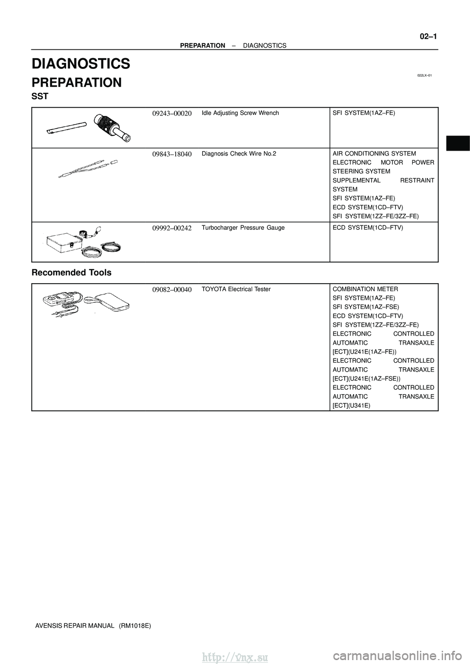 TOYOTA AVENSIS 2003 Service Repair Manual 022LX±01
±
PREPARATION DIAGNOSTICS
02±1
AVENSIS REPAIR MANUAL (RM1018E)
DIAGNOSTICS
PREPARATION
SST
09243±00020Idle Adjusting Screw WrenchSFI SYSTEM(1AZ±FE)
09843±18040Diagnosis Check Wire No. TOYOTA AVENSIS 2003 Service Repair Manual 022LX±01
±
PREPARATION DIAGNOSTICS
02±1
AVENSIS REPAIR MANUAL (RM1018E)
DIAGNOSTICS
PREPARATION
SST
09243±00020Idle Adjusting Screw WrenchSFI SYSTEM(1AZ±FE)
09843±18040Diagnosis Check Wire No.