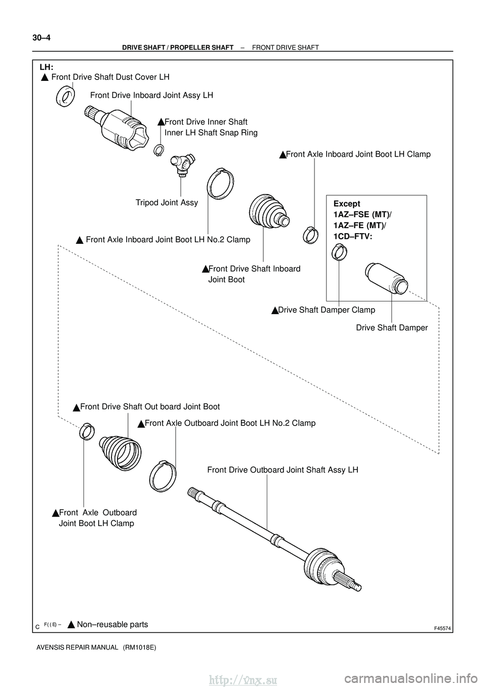 TOYOTA AVENSIS 2003  Service Repair Manual F45574Non±reusable parts
 
Front Drive Shaft Dust Cover LH
Front Drive Inboard Joint Assy LH
Front Drive Inner Shaft 
Inner LH Shaft Snap Ring Front Axle Inboard Joint Boot LH Clamp
Drive Sha