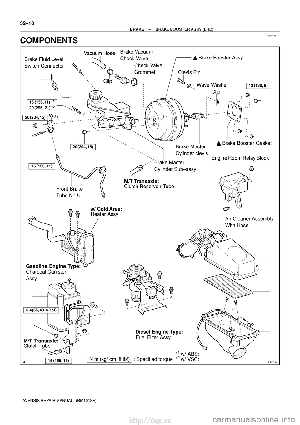 TOYOTA AVENSIS 2003  Service Repair Manual 320VU±01
F45162
Vacuum HoseClipBrake Vacuum 
Check Valve
Check Valve
Grommet Clevis Pin
Clip
Wave Washer
13 (130, 9)
Engine Room Relay Block
Way
Clutch Reservoir Tube M/T Transaxle:
Front Brake
Tube 