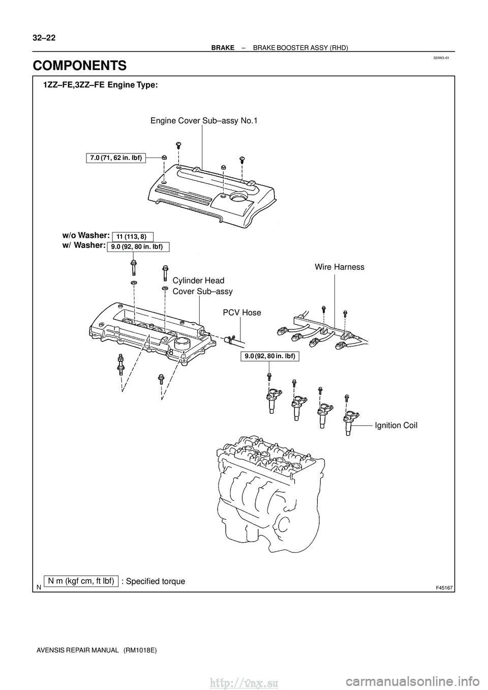 TOYOTA AVENSIS 2003  Service Repair Manual 320W3±01
F45167
Engine Cover Sub±assy No.1
1ZZ±FE,3ZZ±FE  Engine Type:Wire Harness
Ignition Coil
Cylinder Head
Cover Sub±assy
7.0 (71, 62 in.
lbf)
PCV Hose
Nm (kgf cm, ftlbf)
: Specified torq