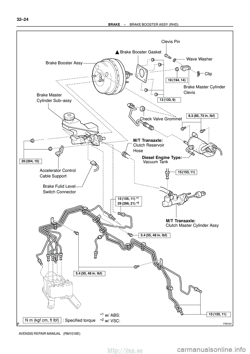 TOYOTA AVENSIS 2003  Service Repair Manual F45161
Brake Master
Cylinder Sub±assyClutch Master Cylinder AssyM/T Transaxle:
Vacuum Tank
Diesel Engine Type:
Brake Fulid Level 
Switch Connector
Accelerator Control
Cable Support
20 (204, 15)
19 (1