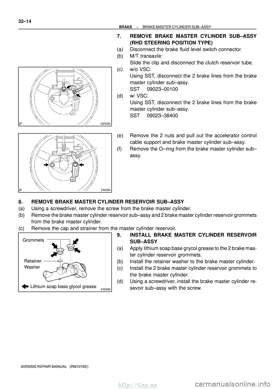 TOYOTA AVENSIS 2003  Service Repair Manual G24225
F45394
F45395Lithium soap base glycol grease
Grommets
Retainer
Washer
32±14
±
BRAKE BRAKE MASTER CYLINDER SUB±ASSY
AVENSIS REPAIR MANUAL   (RM1018E)
7. REMOVE BRAKE MASTER CYLINDER SUB±ASSY