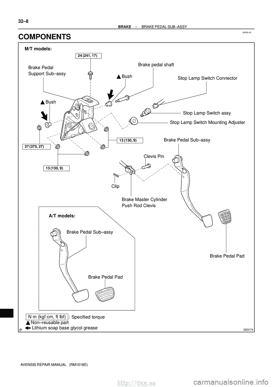 TOYOTA AVENSIS 2003  Service Repair Manual 320G0±02
G23174
Clip
Clevis Pin
Brake Pedal 
Support Sub±assy Bush
 Bush
Brake Pedal Sub±assyStop Lamp Switch ConnectorStop Lamp Switch assy
Brake Pedal Sub±assy Brake Pedal Pad
Brake Pedal Pad
