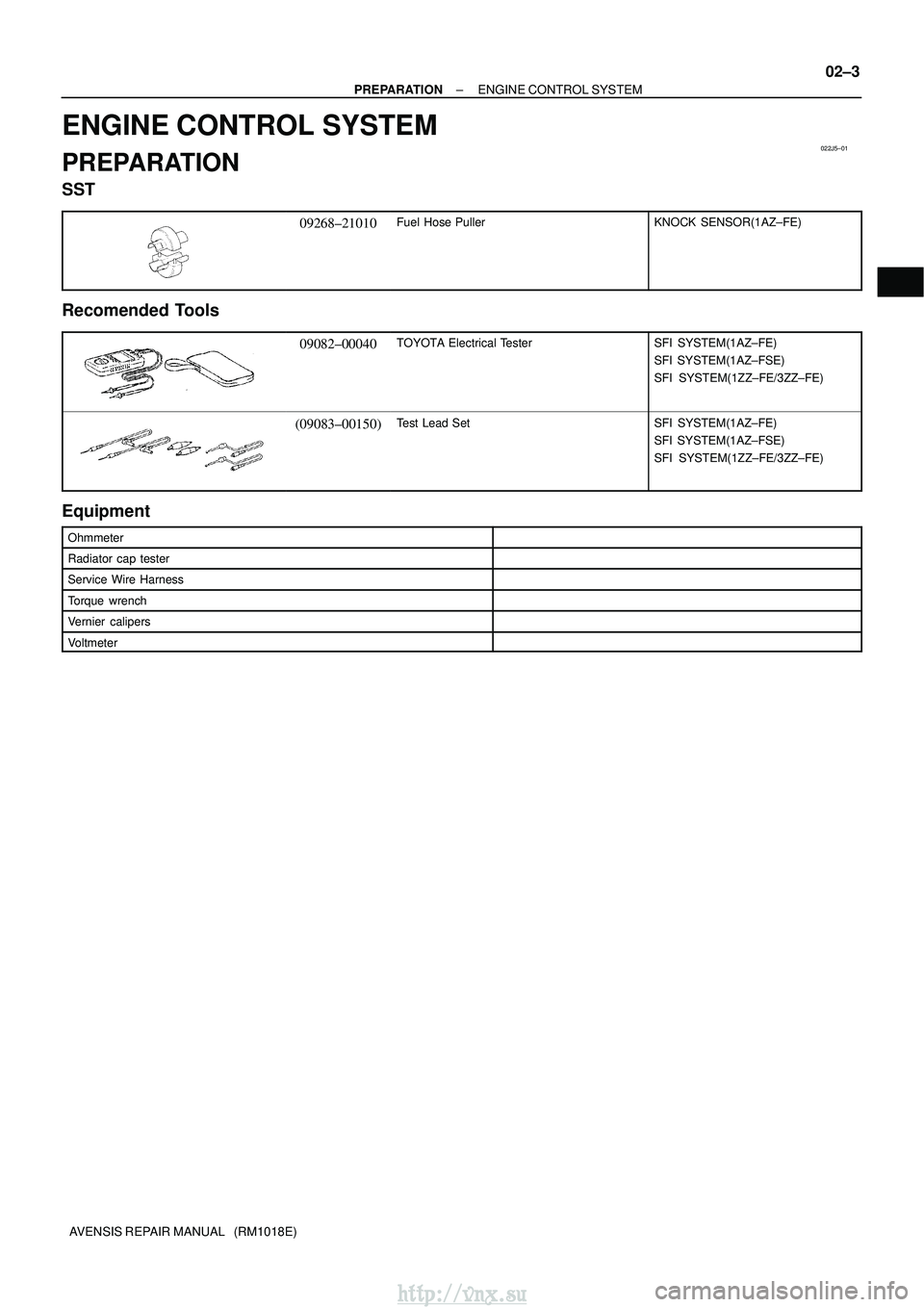 TOYOTA AVENSIS 2003 Service Repair Manual 022J5±01
±
PREPARATION ENGINE CONTROL SYSTEM
02±3
AVENSIS REPAIR MANUAL (RM1018E)
ENGINE CONTROL SYSTEM
PREPARATION
SST
09268±21010Fuel Hose PullerKNOCK SENSOR(1AZ±FE)
Recomended Tools
09082±0 TOYOTA AVENSIS 2003 Service Repair Manual 022J5±01
±
PREPARATION ENGINE CONTROL SYSTEM
02±3
AVENSIS REPAIR MANUAL (RM1018E)
ENGINE CONTROL SYSTEM
PREPARATION
SST
09268±21010Fuel Hose PullerKNOCK SENSOR(1AZ±FE)
Recomended Tools
09082±0