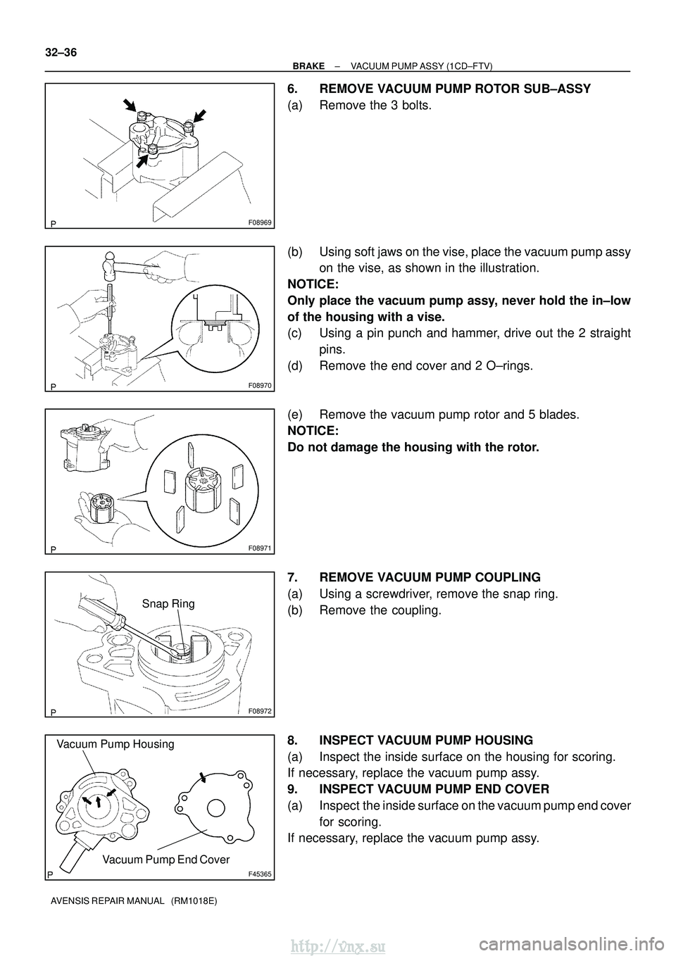 TOYOTA AVENSIS 2003  Service Repair Manual F08969
F08970
F08971
F08972
Snap Ring
F45365
Vacuum Pump Housing
Vacuum Pump End Cover
32±36
±
BRAKE VACUUM PUMP ASSY (1CD±FTV)
AVENSIS REPAIR MANUAL   (RM1018E)
6. REMOVE VACUUM PUMP ROTOR SUB±AS