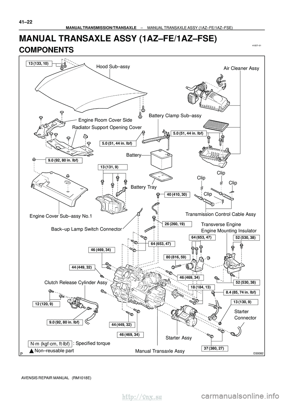 TOYOTA AVENSIS 2003  Service Repair Manual 410DT±01
D30082
13 (133, 10)Hood Sub±assy
Engine Cover Sub±assy No.1
Air Cleaner Assy
BatteryBattery Tray
Clip
Clip
Clip
Starter Assy
64 (653, 47)
80 (816, 59)
52 (530, 38)
18 (184, 13)
  Non±reu