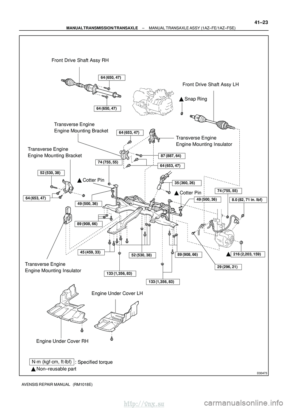 TOYOTA AVENSIS 2003  Service Repair Manual D30473
Front Drive Shaft Assy RH Snap Ring
Transverse Engine
Engine Mounting Insulator
64 (653, 47)
87 (887, 64)
  Cotter Pin
64 (653, 47)
 Cotter Pin
Engine Under Cover RH
  Non±reusable part
N