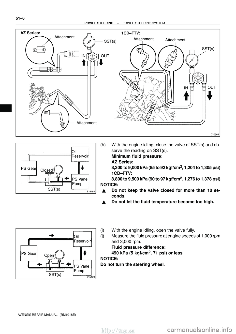 TOYOTA AVENSIS 2003  Service Repair Manual D30364
AttachmentOUT
IN
IN OUTAttachment
SST(s)
SST(s)
Attachment
Attachment
AZ Series:
1CD±FTV:
Z15498
Oil
Reservoir
PS Vane
Pump
PS Gear
SST(s)
Closed
Z15499
Oil
Reservoir
PS Vane
Pump
PS Gear
SST(