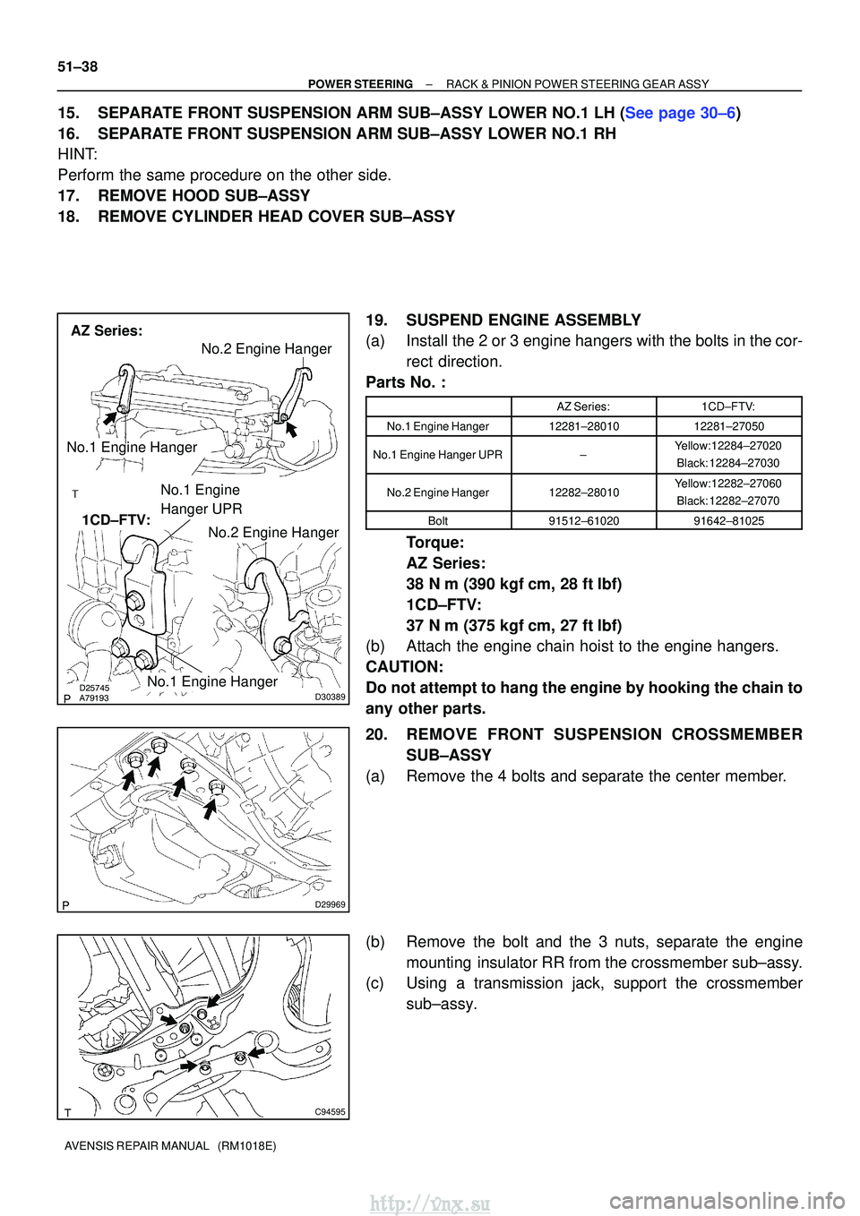 TOYOTA AVENSIS 2003  Service Repair Manual 	\bD30389
AZ Series:1CD±FTV:
No.1 Engine Hanger
No.2 Engine Hanger
No.1 Engine Hanger
No.2 Engine Hanger
No.1 Engine
Hanger UPR
D29969
C94595
51±38
±
POWER STEERING RACK & PINION POWER ST