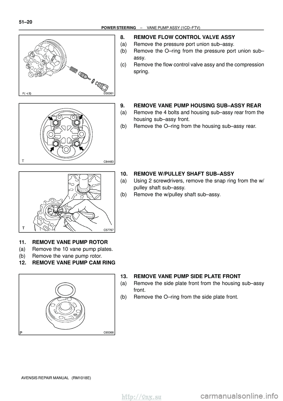 TOYOTA AVENSIS 2003  Service Repair Manual D30361
C84483
C57767
C65368
51±20
±
POWER STEERING VANE PUMP ASSY (1CD±FTV)
AVENSIS REPAIR MANUAL   (RM1018E)
8. REMOVE FLOW CONTROL VALVE ASSY
(a) Remove the pressure port union sub±assy.
(