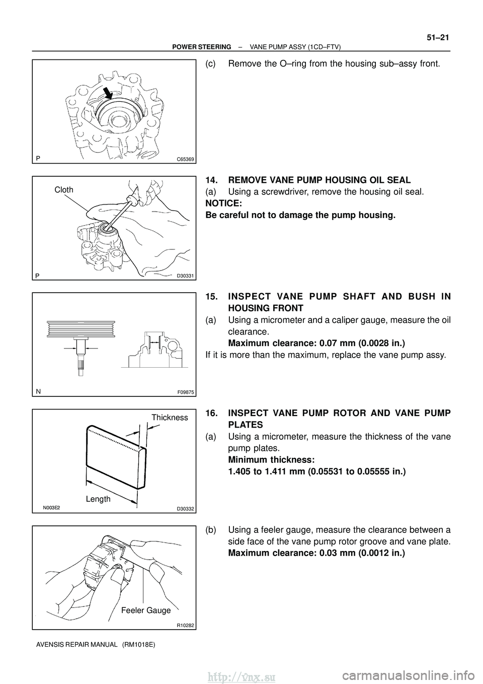 TOYOTA AVENSIS 2003  Service Repair Manual C65369
D30331
Cloth
F09875
D30332
LengthThickness
R10282
Feeler Gauge
±
POWER STEERING VANE PUMP ASSY (1CD±FTV)
51±21
AVENSIS REPAIR MANUAL   (RM1018E)
(c) Remove the O±ring from the housing