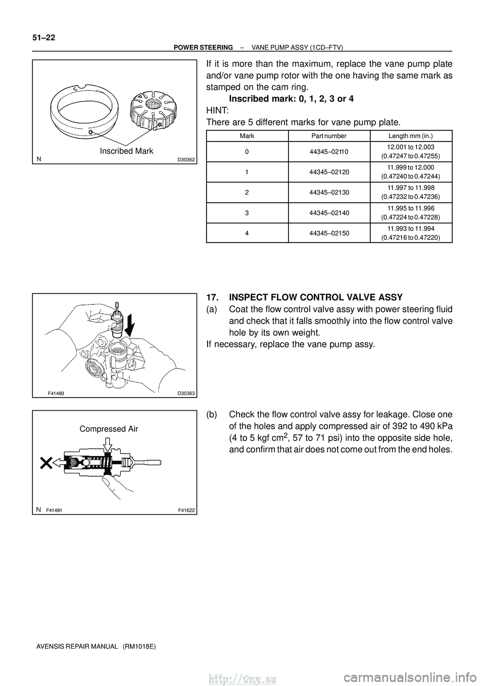 TOYOTA AVENSIS 2003  Service Repair Manual D30362Inscribed Mark
D30363
F41622
Compressed Air
51±22
±
POWER STEERING VANE PUMP ASSY (1CD±FTV)
AVENSIS REPAIR MANUAL   (RM1018E)
If it is more than the maximum, replace the vane pump