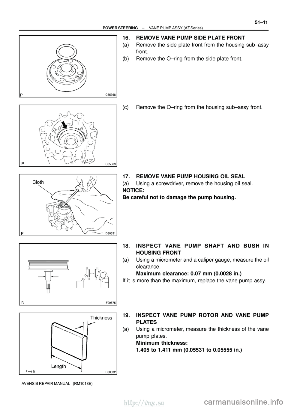 TOYOTA AVENSIS 2003  Service Repair Manual C65368
C65369
D30331
Cloth
F09875
D30332
LengthThickness
±
POWER STEERING VANE PUMP ASSY (AZ Series)
51±11
AVENSIS REPAIR MANUAL   (RM1018E)
16. REMOVE VANE PUMP SIDE PLATE FRONT
(a) Remove th