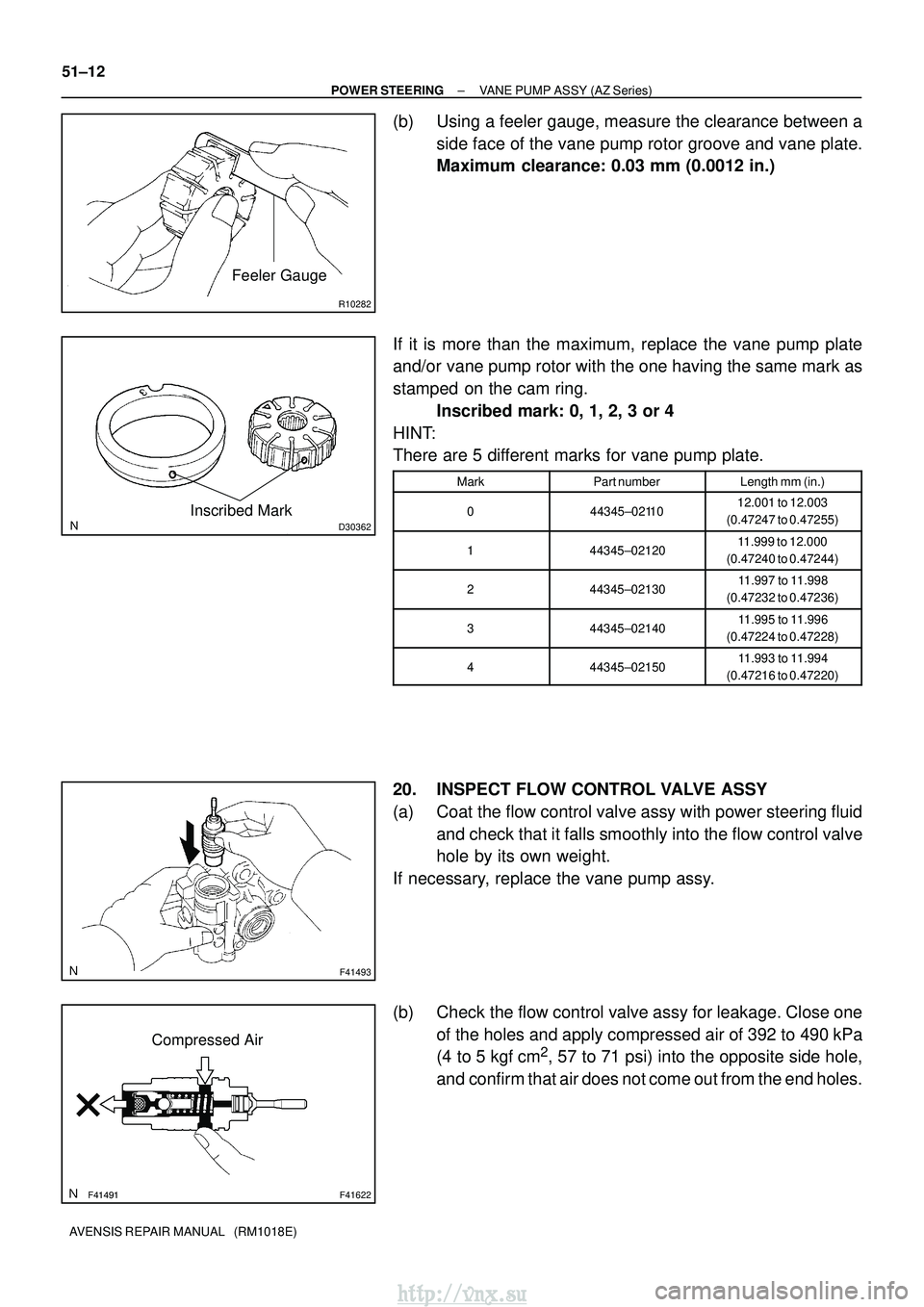 TOYOTA AVENSIS 2003  Service Repair Manual R10282
Feeler Gauge
D30362Inscribed Mark
F41493
F41622
Compressed Air
51±12
±
POWER STEERING VANE PUMP ASSY (AZ Series)
AVENSIS REPAIR MANUAL   (RM1018E)
(b) Using a feeler gauge, measure the 