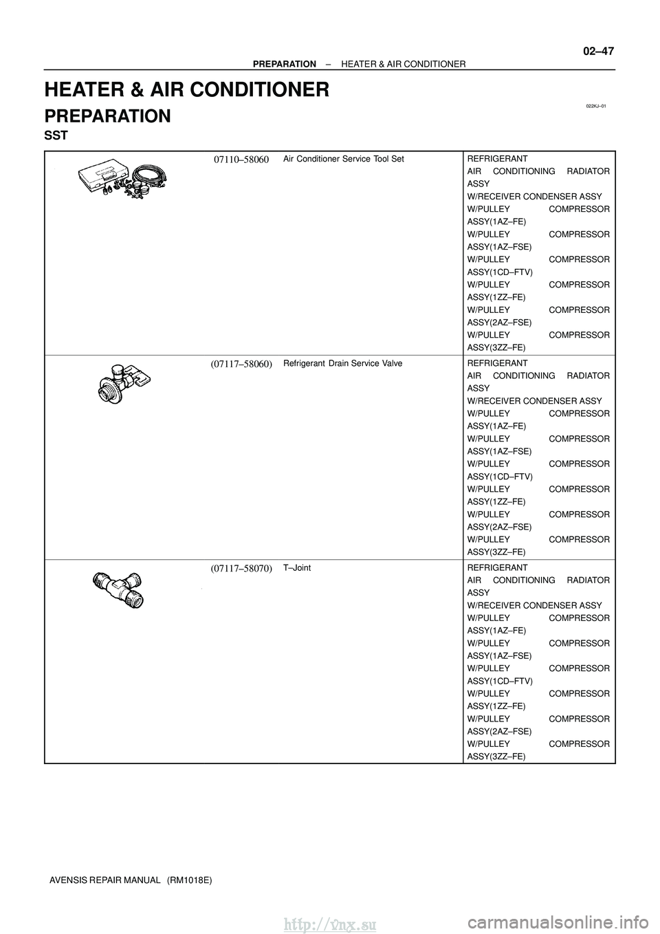 TOYOTA AVENSIS 2003 Service Repair Manual 022KJ±01
±
PREPARATION HEATER & AIR CONDITIONER
02±47
AVENSIS REPAIR MANUAL (RM1018E)
HEATER & AIR CONDITIONER
PREPARATION
SST
07110±58060Air Conditioner Service Tool SetREFRIGERANT
AIR CONDITIO TOYOTA AVENSIS 2003 Service Repair Manual 022KJ±01
±
PREPARATION HEATER & AIR CONDITIONER
02±47
AVENSIS REPAIR MANUAL (RM1018E)
HEATER & AIR CONDITIONER
PREPARATION
SST
07110±58060Air Conditioner Service Tool SetREFRIGERANT
AIR CONDITIO