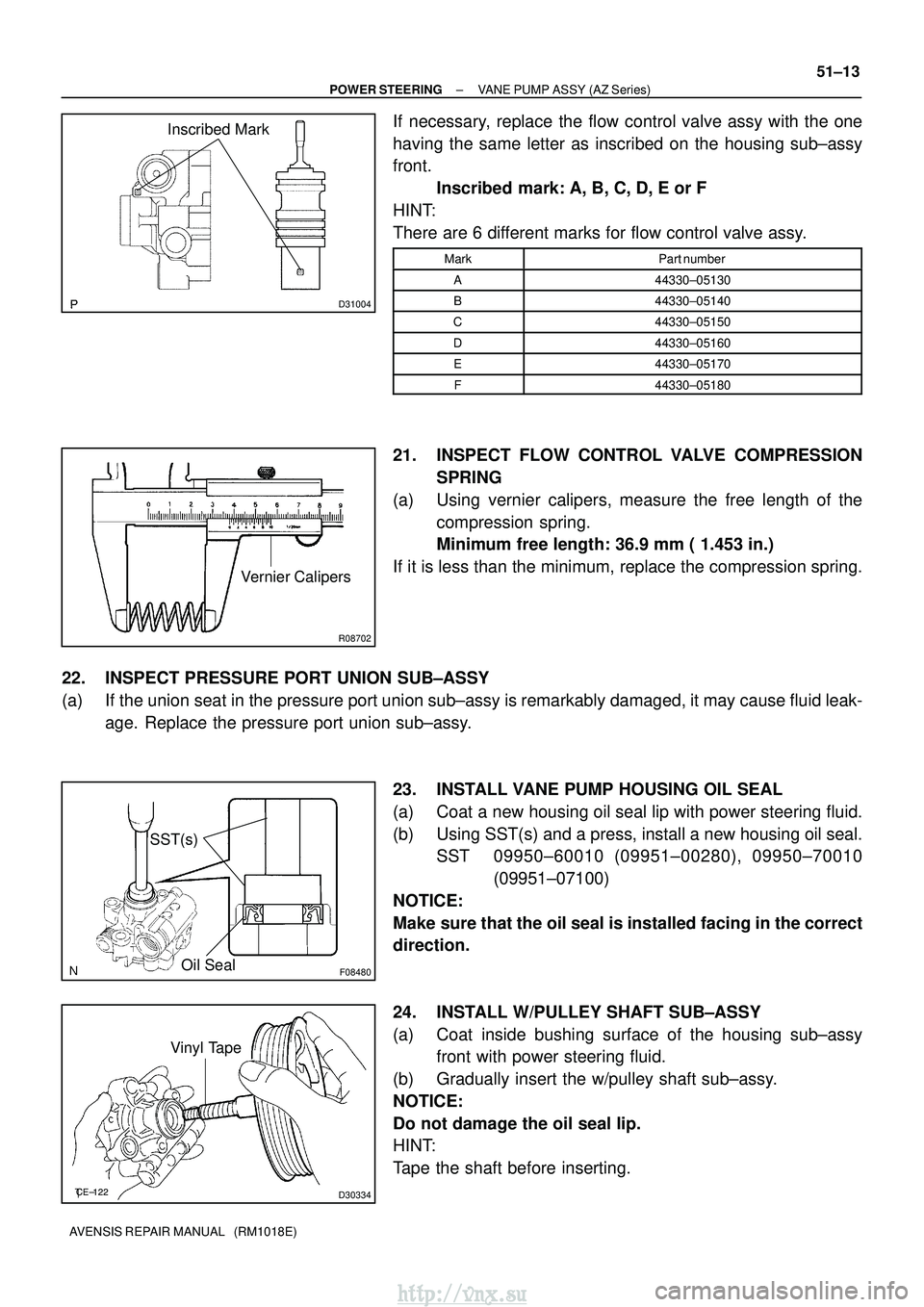 TOYOTA AVENSIS 2003  Service Repair Manual D31004
Inscribed Mark
R08702
Vernier Calipers
F08480
SST(s)
Oil Seal
D30334
Vinyl Tape
±
POWER STEERING VANE PUMP ASSY (AZ Series)
51±13
AVENSIS REPAIR MANUAL   (RM1018E)
If necessary, replace